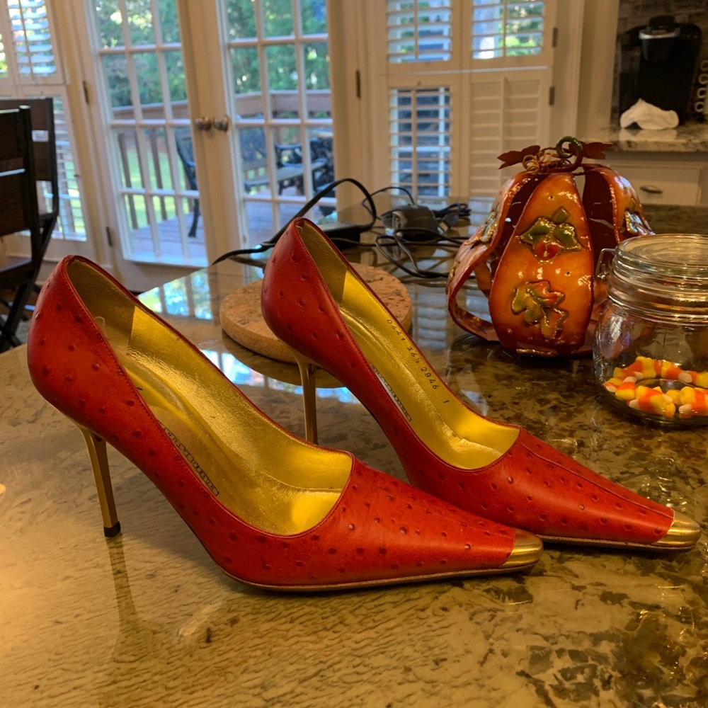 Red ostrich pumps